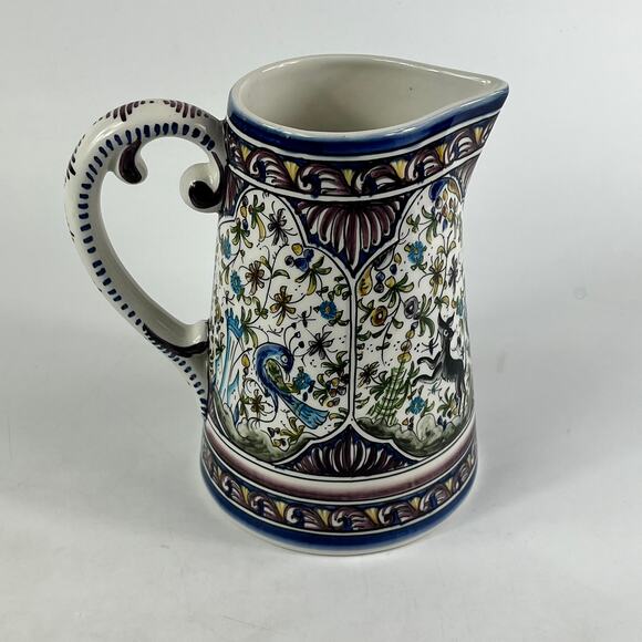 Ceramicas De Coimbra Portugal Pitcher Hand Painted Floral Deer Bird Motif 8" - Picture 3 of 13